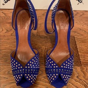 Blue suede wedges. SCHUTZ.